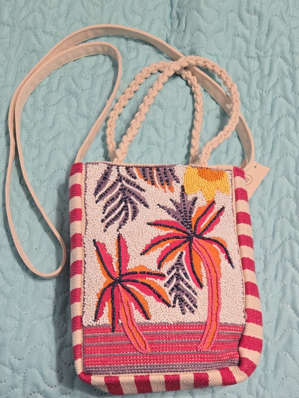 Embroidered Palm Bead Crossbody Bag - Pink & Orange